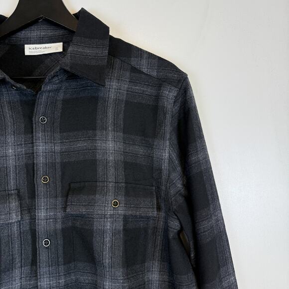 Icebreaker Merino Dawnder LS Plaid Mens Flannel Shirt Black Gray - M - Picture 2 of 9